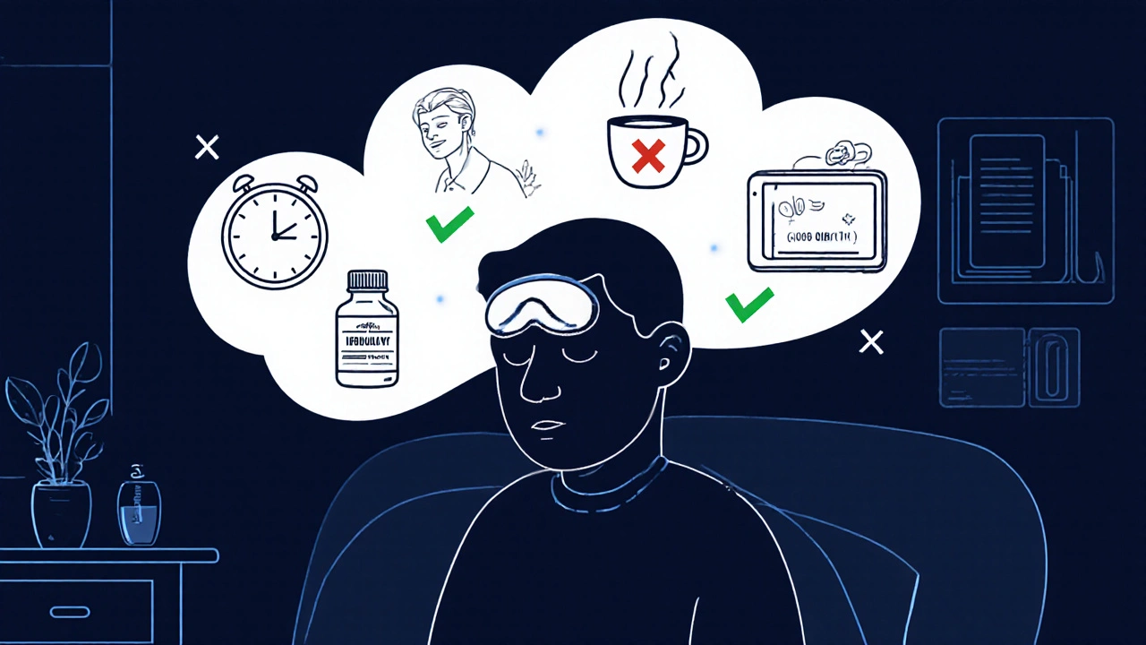 A person resting with triggers floating above, ibuprofen bottle crossed out, journal and water marked as better solutions.