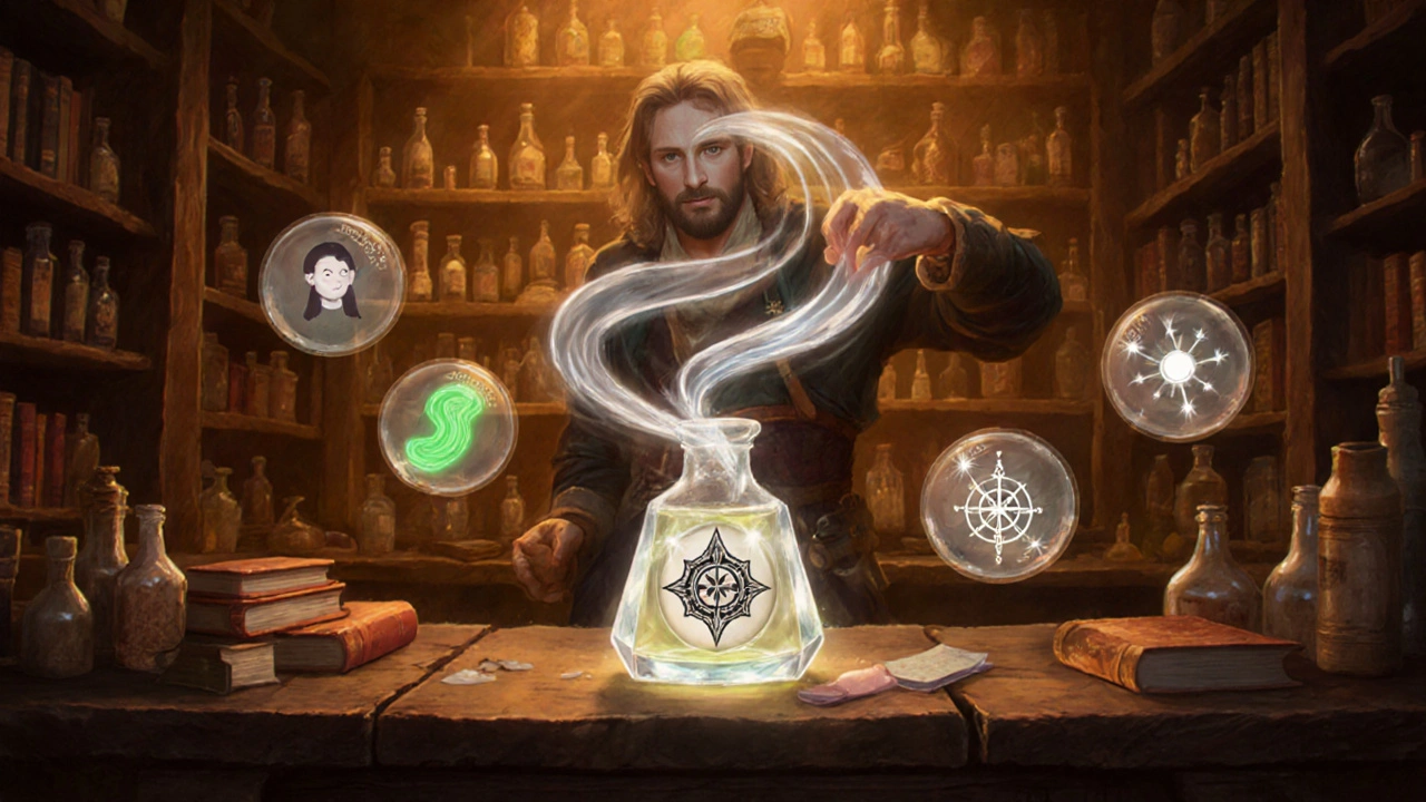 Alchemist lab mixing a glowing crystal potion, with floating icons of side effects.