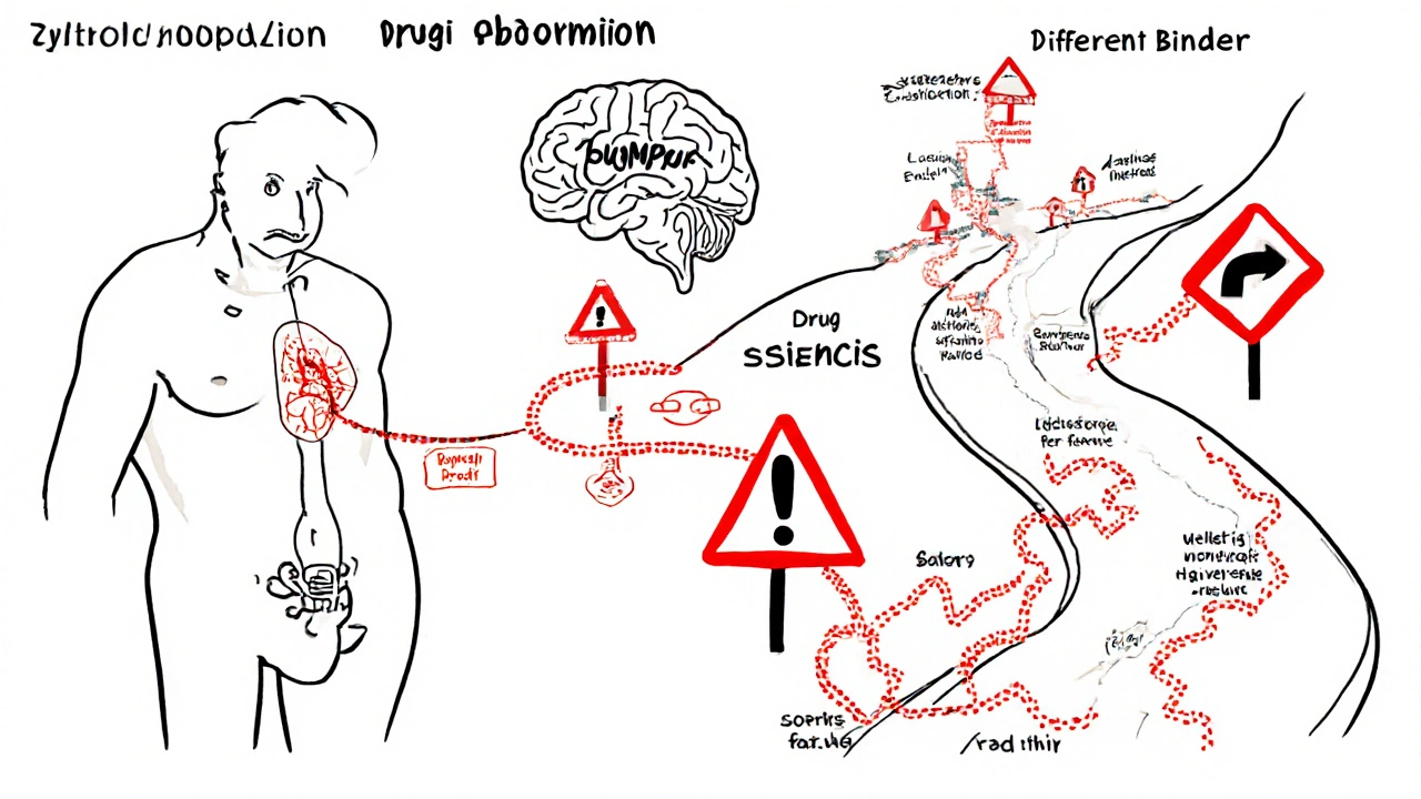 Body map showing smooth vs bumpy drug absorption paths affecting thyroid and brain