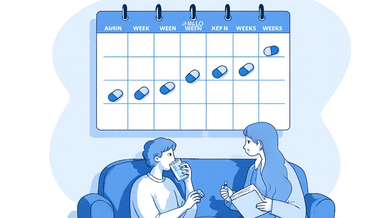 Calendar shows gradual pill reduction; patient tracks symptoms with caregiver nearby.