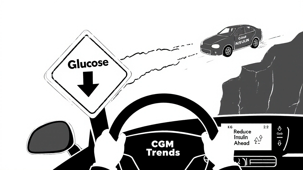 Car speeding toward cliff with CGM trend arrows guiding brake application.