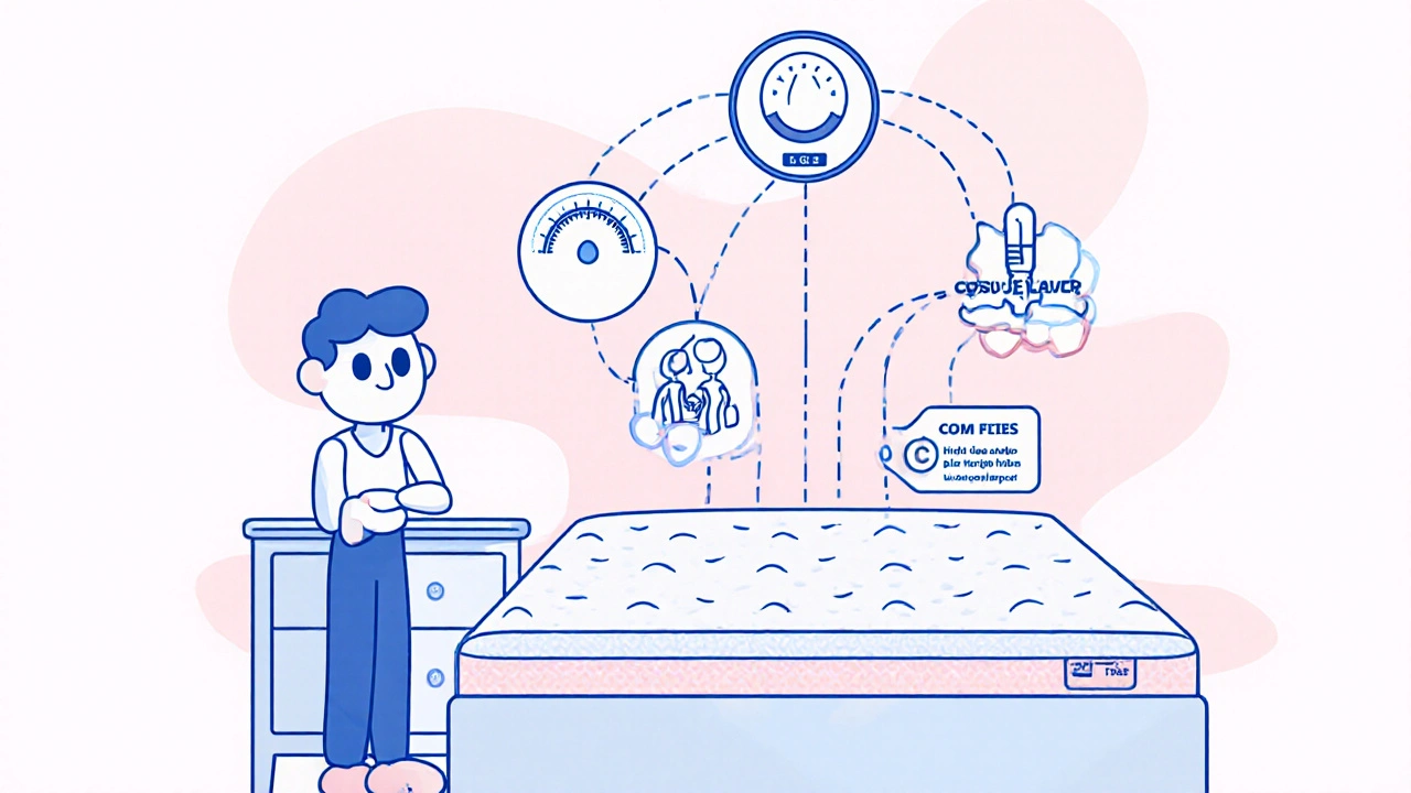 Cartoon decision guide with a shopper choosing low, high, or hybrid foam options.