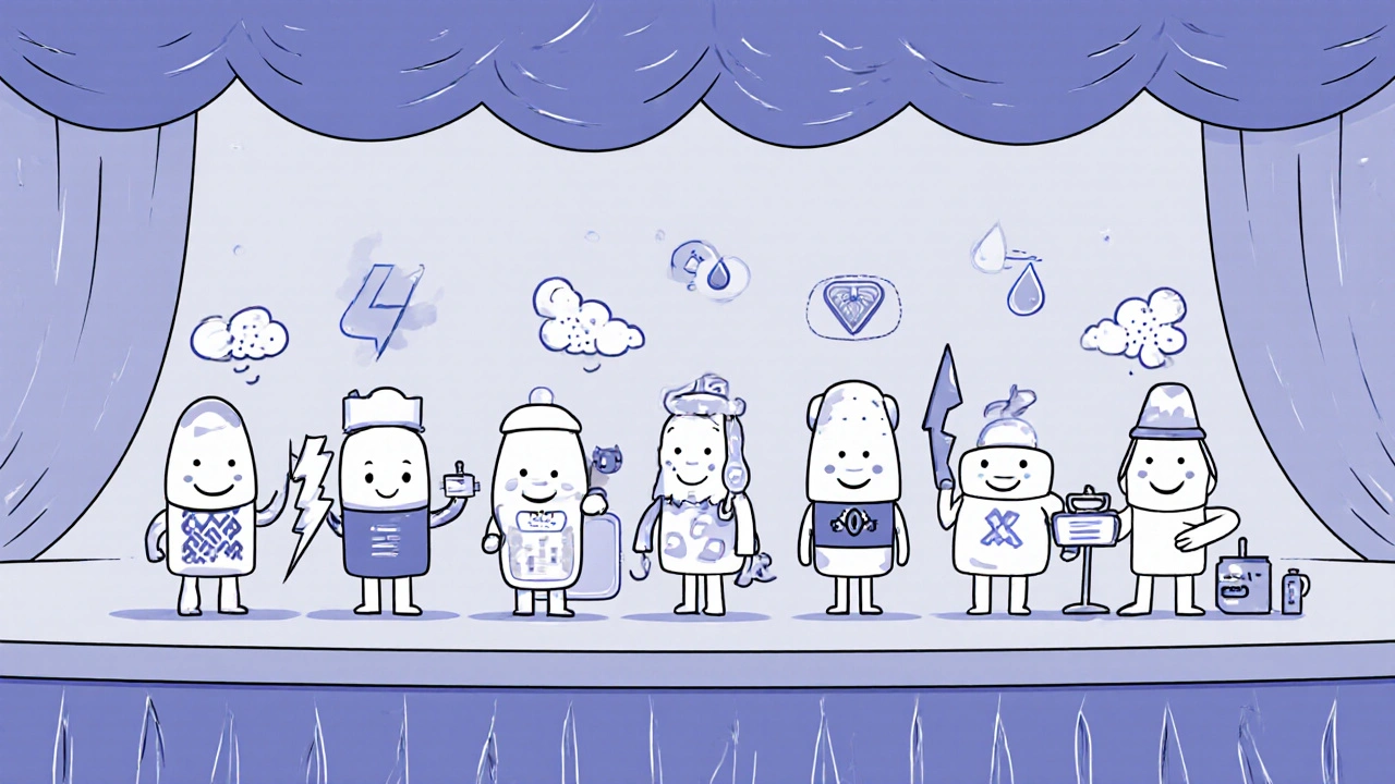 Cartoon drug characters representing different diabetes medicines with visual cues of their effects.