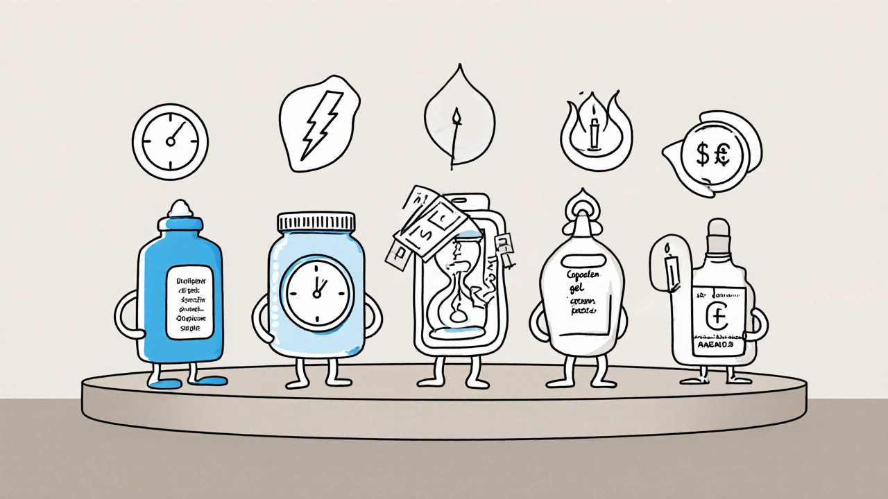 Cartoon lineup of five topical analgesic characters each holding icons for onset, duration, and cost.