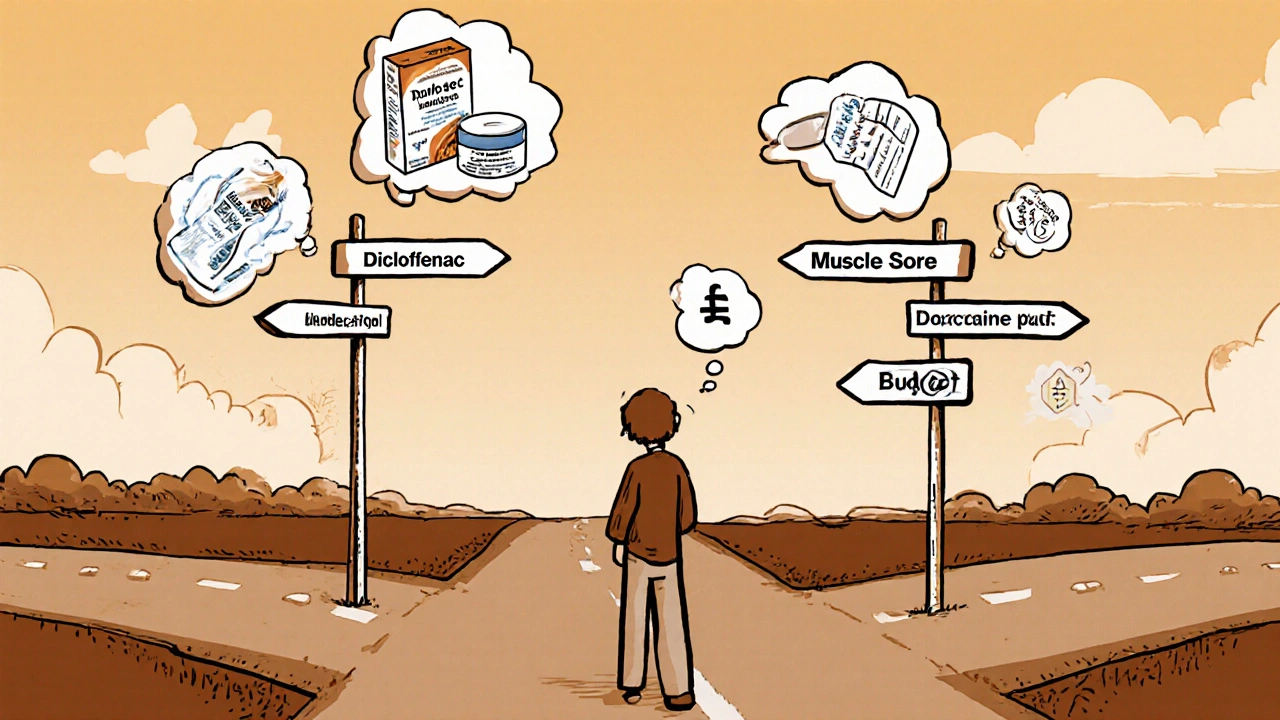 Cartoon of a person at a crossroads with signposts pointing to different pain relievers and a thought bubble.