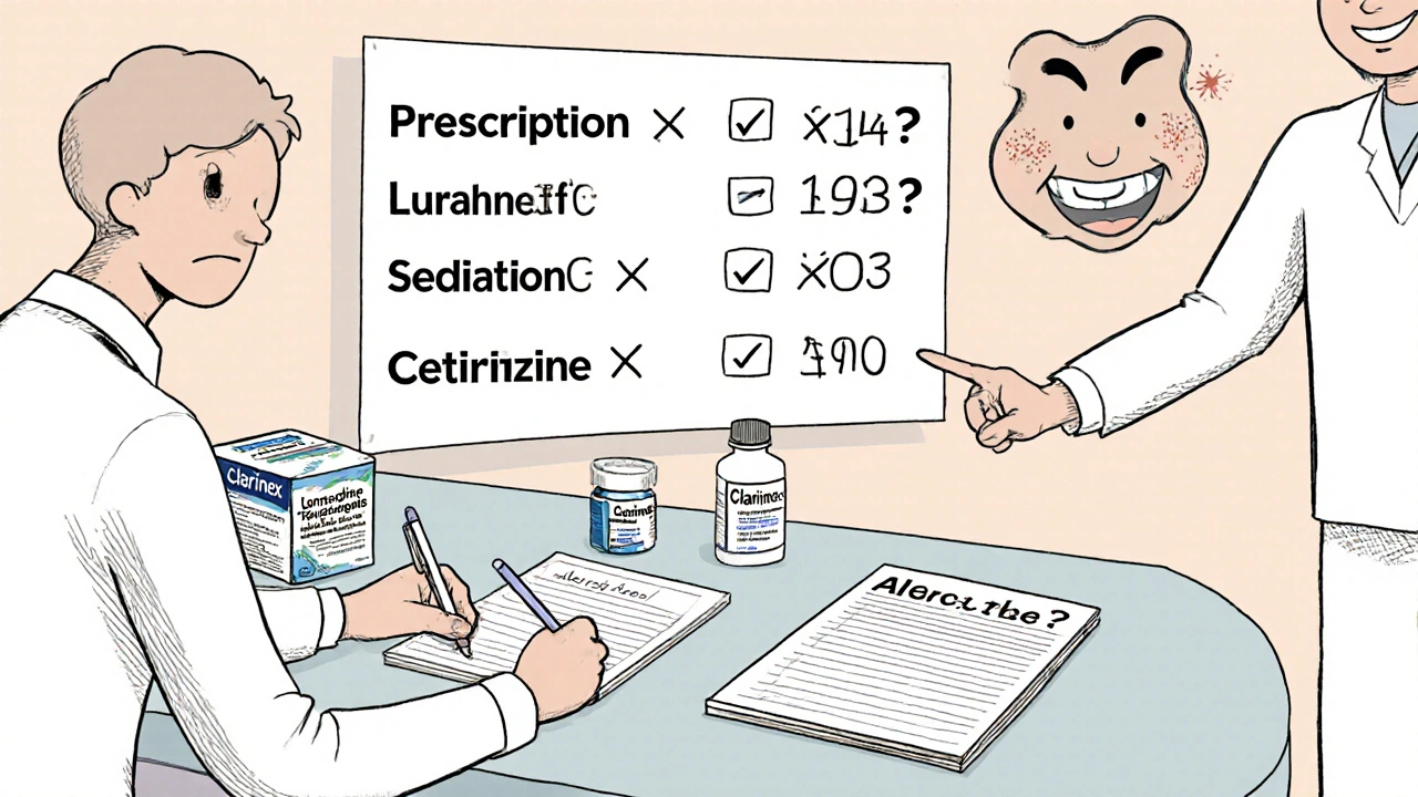 Cartoon person logs allergy symptoms at pharmacy with medicine bottles.