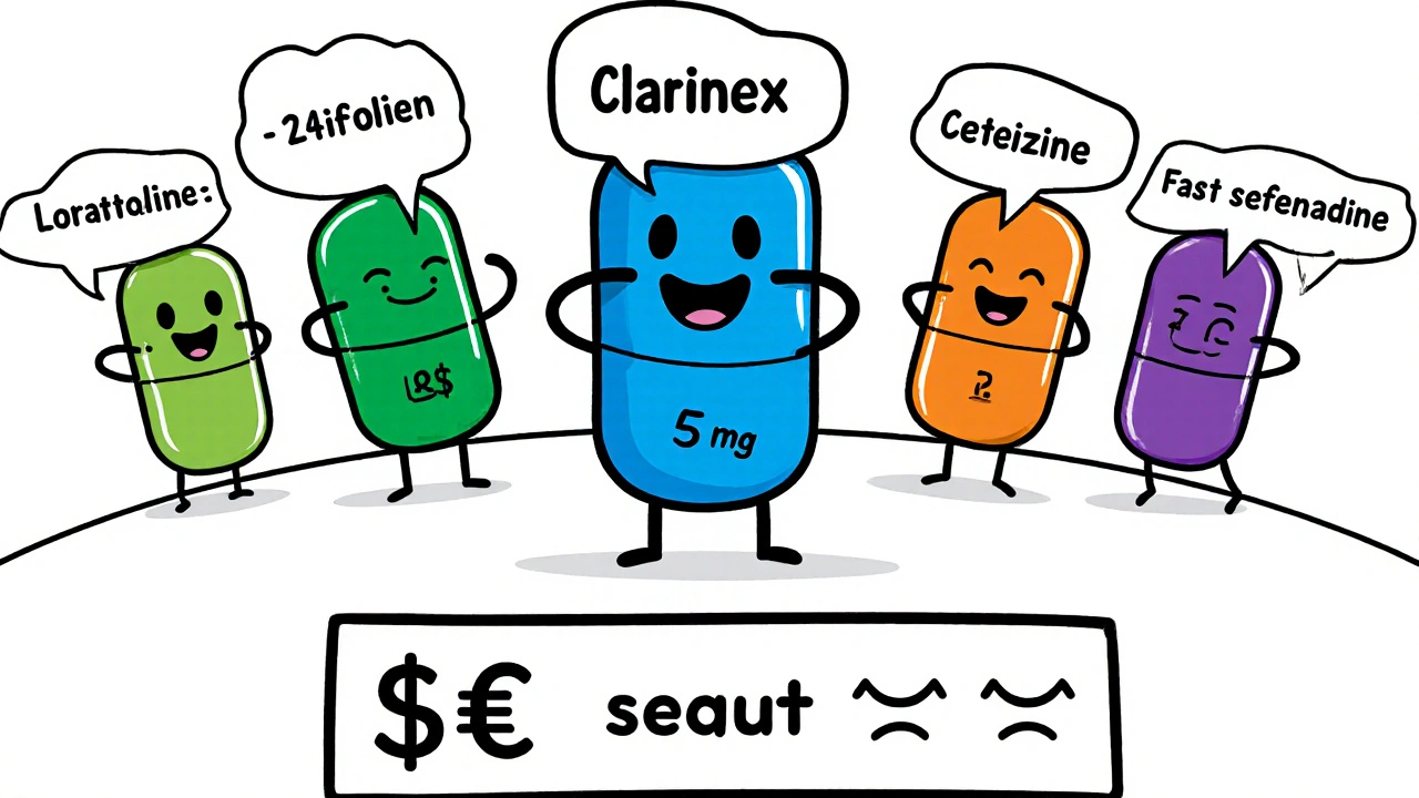 Cartoon tablets compare Clarinex with other antihistamines, showing benefits.
