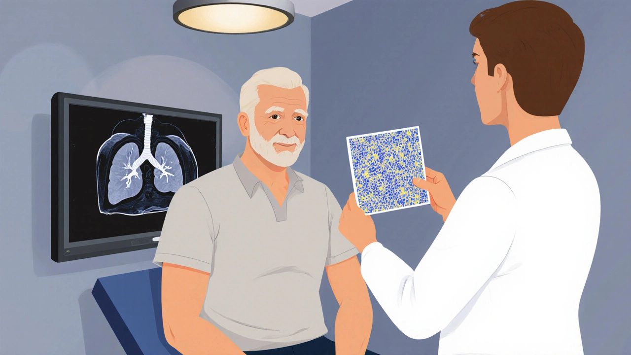 Clinic scene with doctor showing a KS biopsy slide to a gay patient, CT scan displayed behind them.