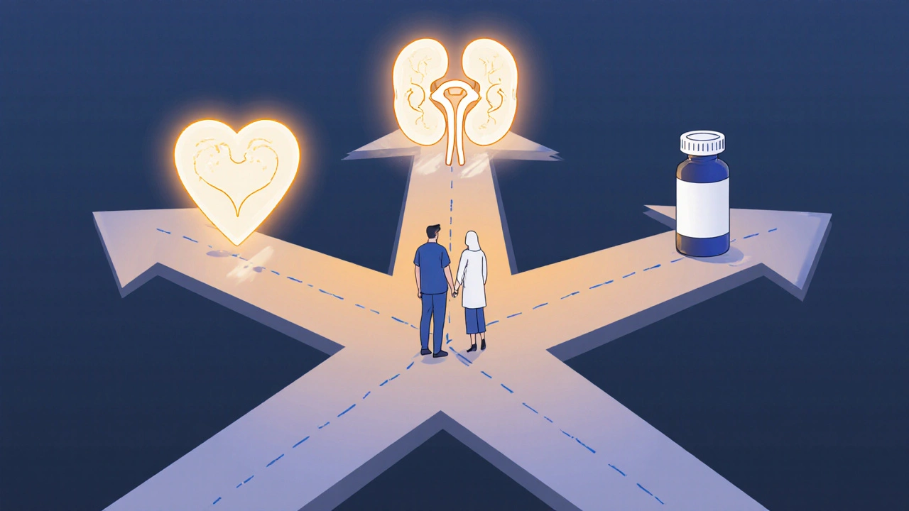 Doctor and patient at a crossroads choosing between heart, kidney, and simple pill treatment paths.