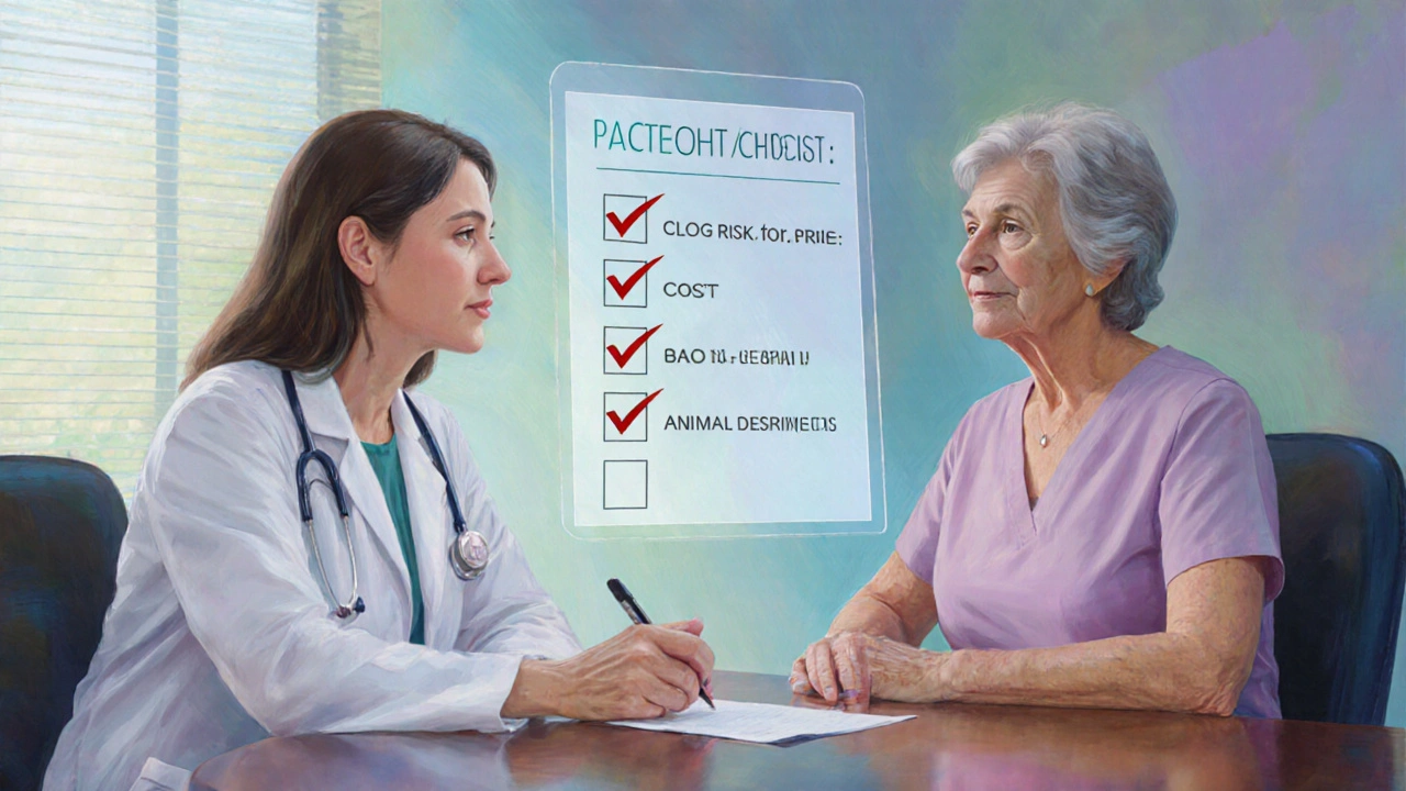 Doctor and patient discussing treatment options with a floating checklist of considerations.