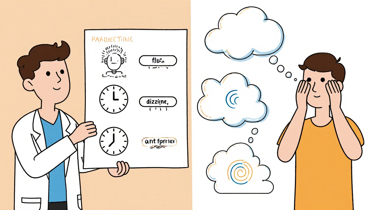 Doctor compares antidepressants with half‑life clocks while patient shows matching symptoms.