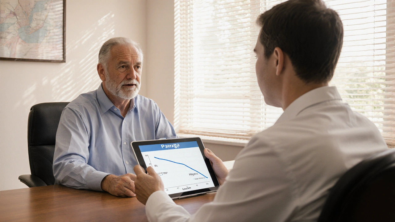 Doctor consulting patient Sam, showing prescription and HbA1c/kidney graph on tablet.