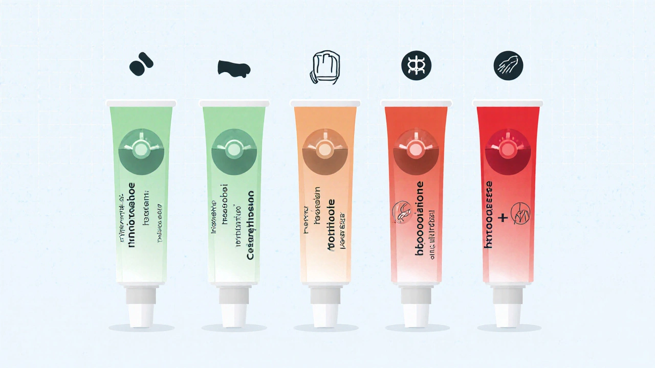 Flat‑design lineup of steroid tubes with volume‑knob icons showing potency levels.