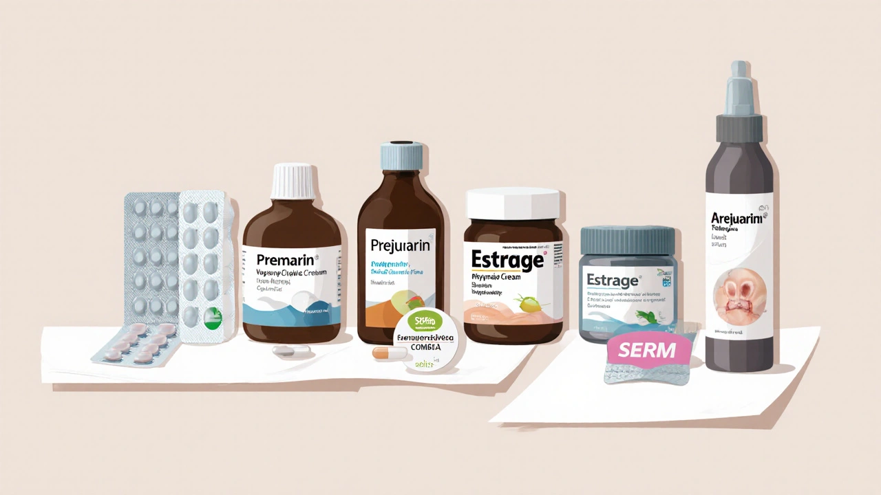 Flat lay of various menopause hormone therapy products arranged side by side.