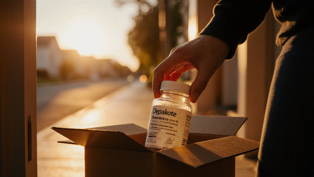Hand opening a delivery box showing a bottle of generic Depakote.