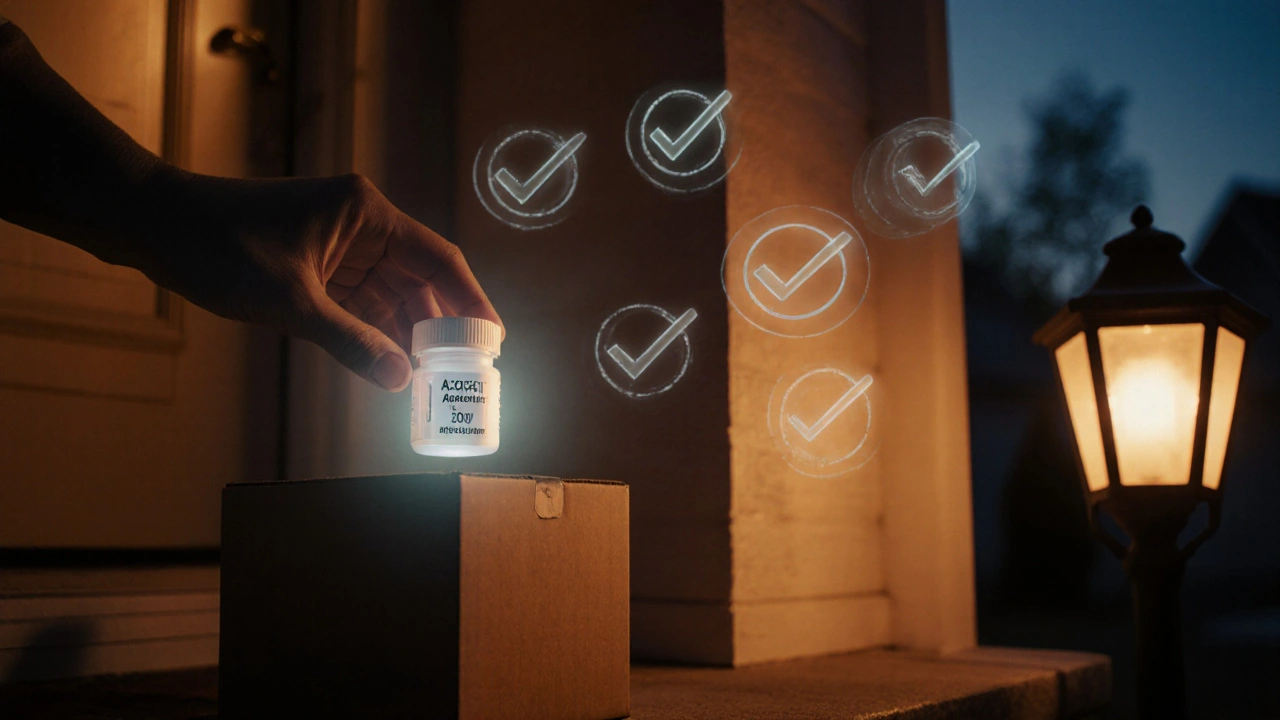 Hand retrieving acyclovir bottle from delivery box with floating check marks.