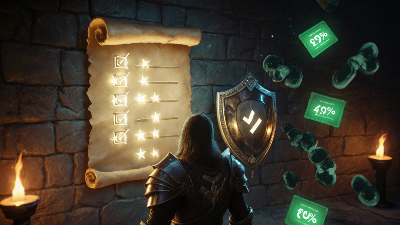 Heroic figure examines a luminous checklist while a shield deflects dark counterfeit pills.