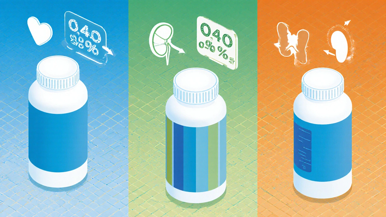 Isometric view of three SGLT2 inhibitor bottles with HbA1c percentages and organ icons.