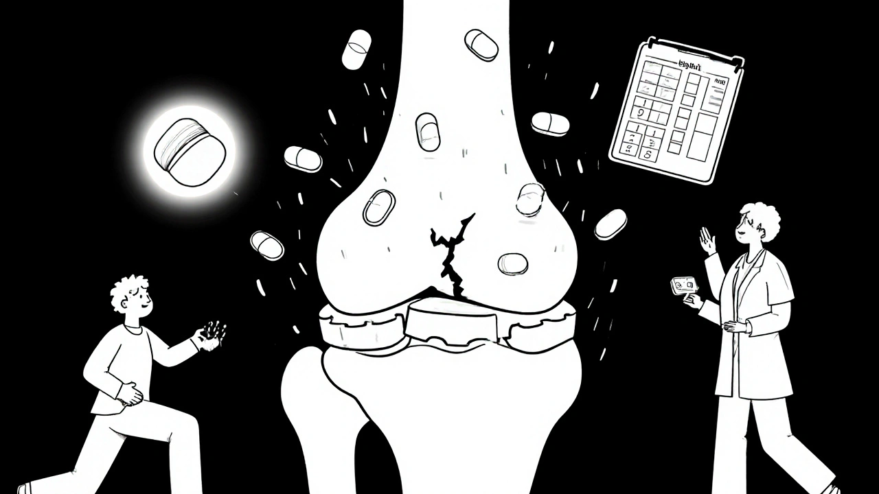 Joint as a gear system with pills causing damage, therapy and supplements offering repair