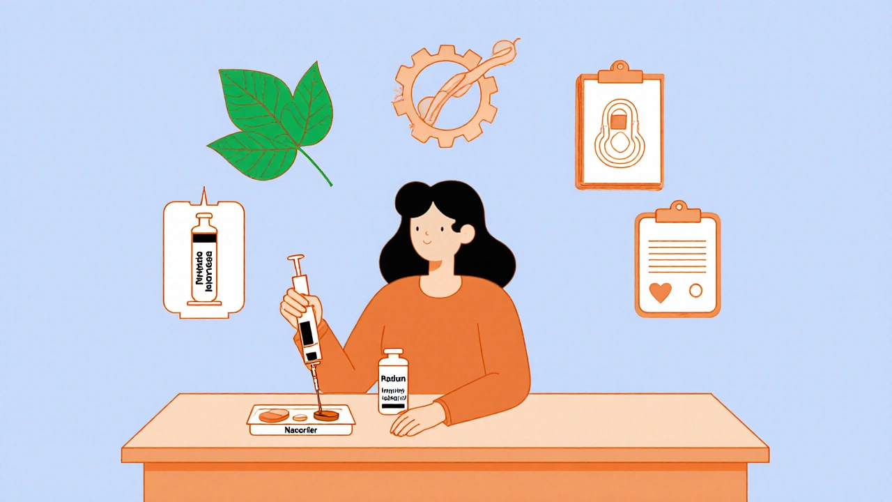 Line drawing of a patient choosing nanocarrier, 3D‑printed tablet, and IUD with DNA and sustainability symbols.