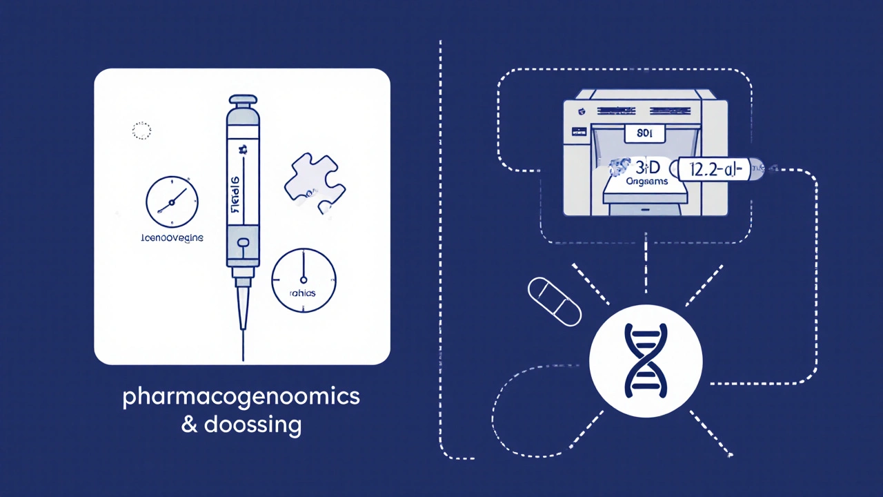 Line illustration of nanoparticle injection, 3D‑printed tablet, and cheek‑swab DNA test.
