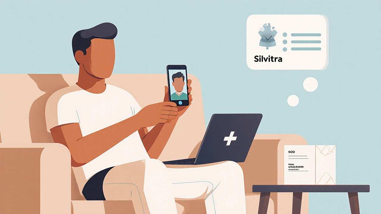 Man at home using telehealth on phone, laptop with prescription icon, and discreet pharmacy box.