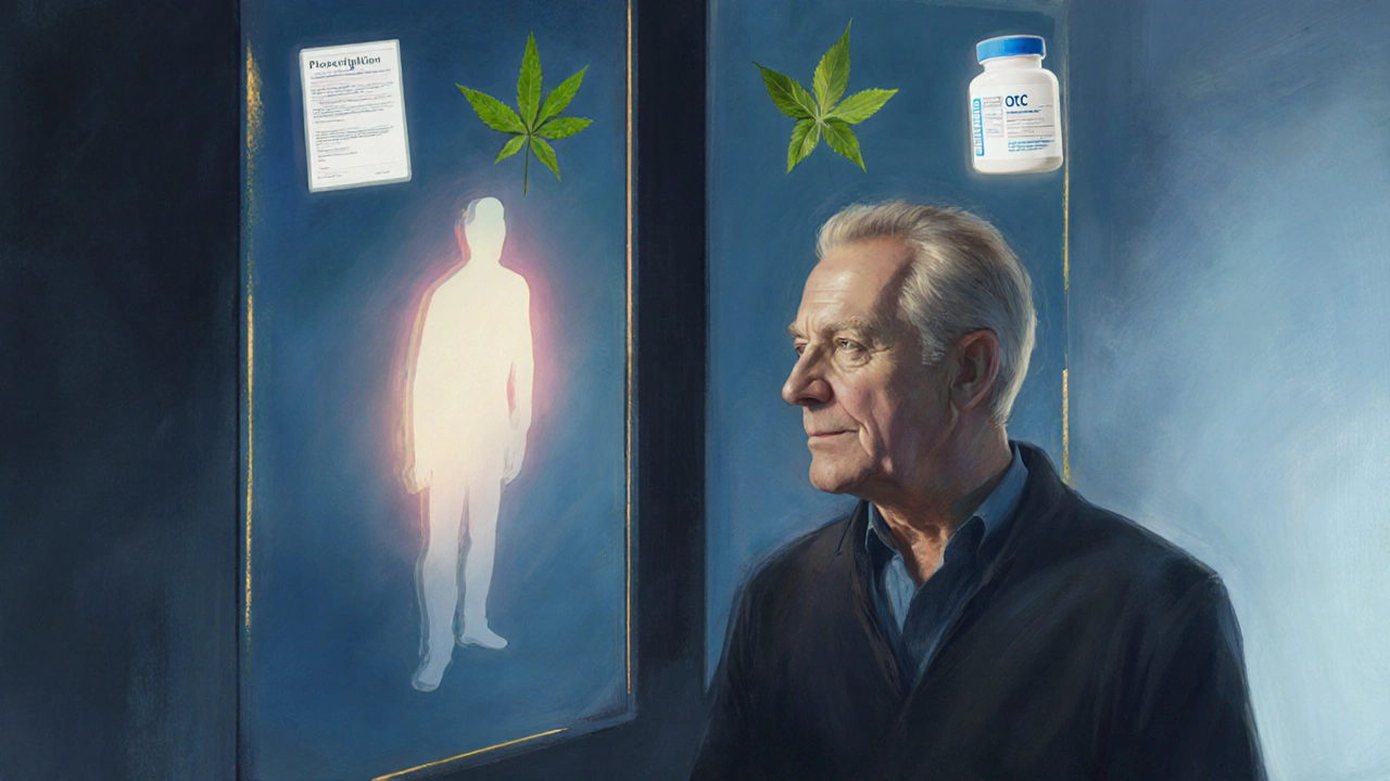 Man looking at a split mirror showing prostate and hair loss, with doctor and herb silhouettes.