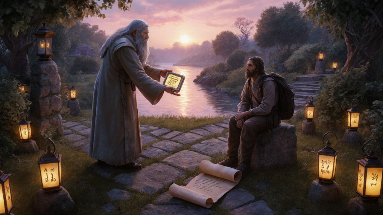 Mentor offering a glowing tablet to a traveler at a lantern-lit garden crossroads.