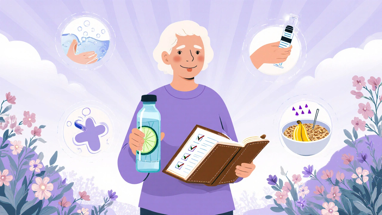 Older woman walking in a garden holding a water bottle and symptom diary.