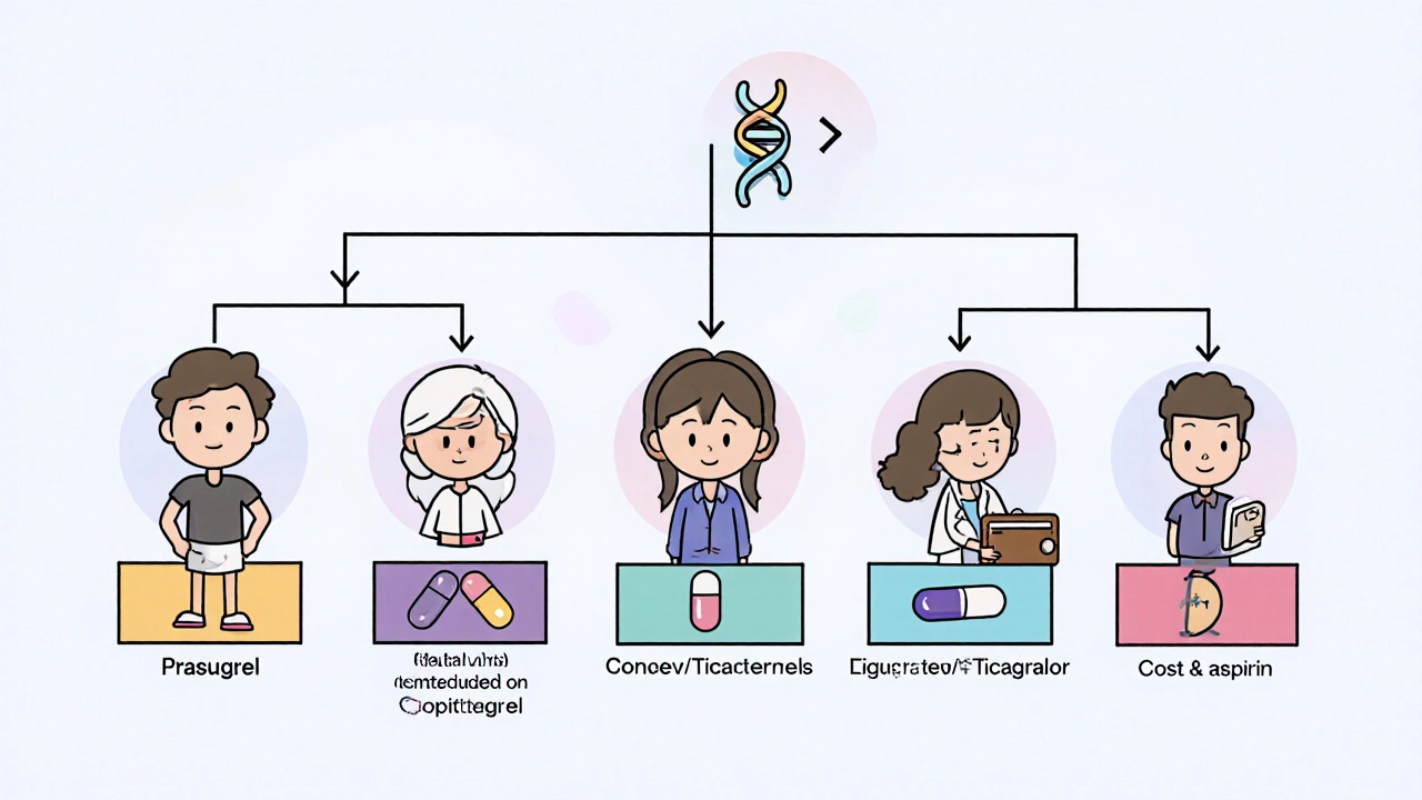 Patients linked by arrows to their recommended antiplatelet medication in a decision‑tree layout.