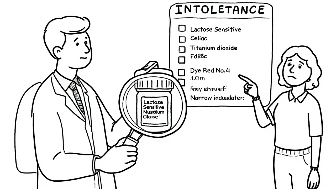 Pharmacist examining pill ingredients with patient pointing to allergy checklist