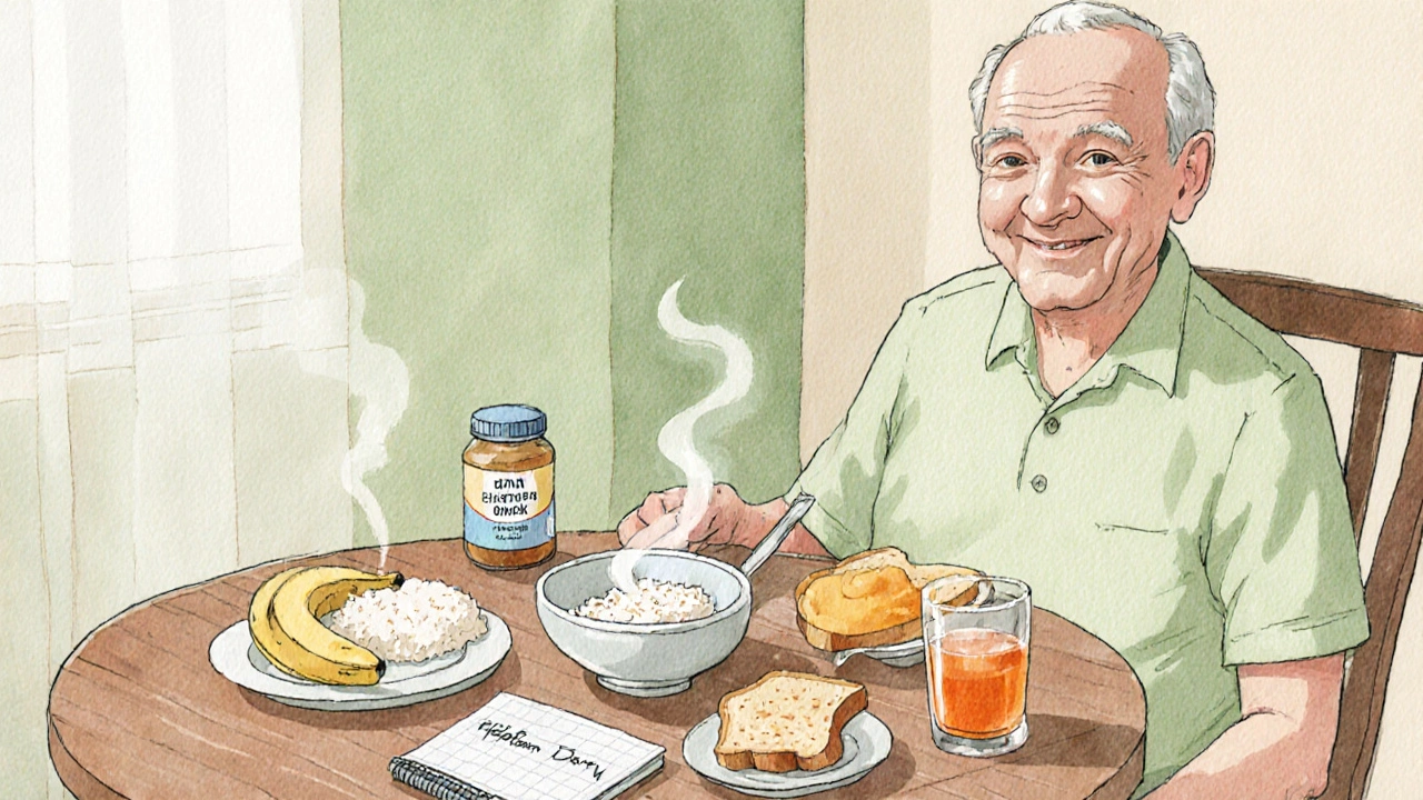 Senior man eating banana, rice, toast, and applesauce with broth and probiotic jar.