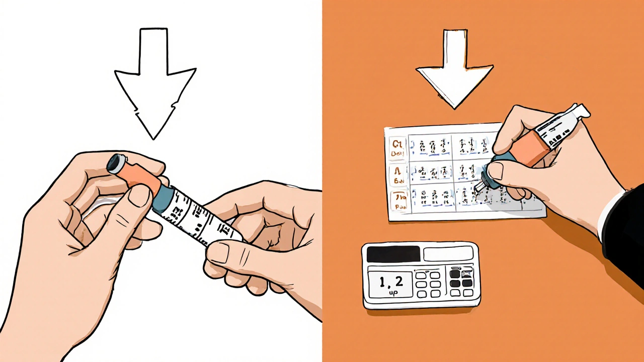 Side-by-side comparison of insulin dosing with flat vs. rising glucose arrows.