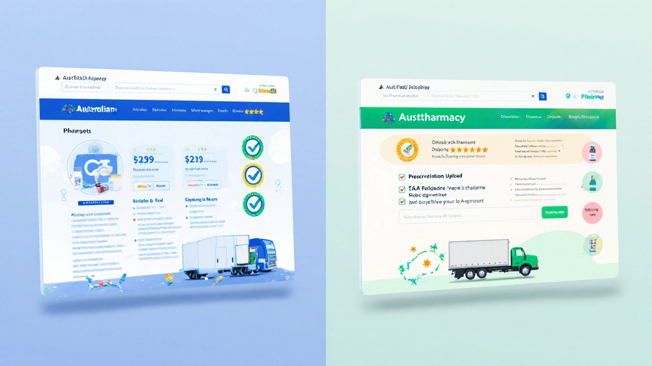 Side‑by‑side illustration of two pharmacy website mock‑ups with icons.