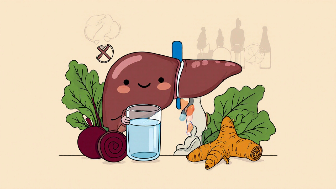 Smiling liver holds water glass with greens, beets, turmeric, and no‑alcohol sign.