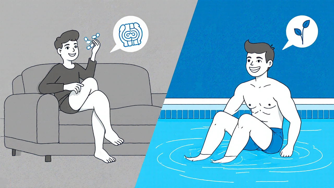 Split scene: person taking pills vs. person doing water aerobics for joint health