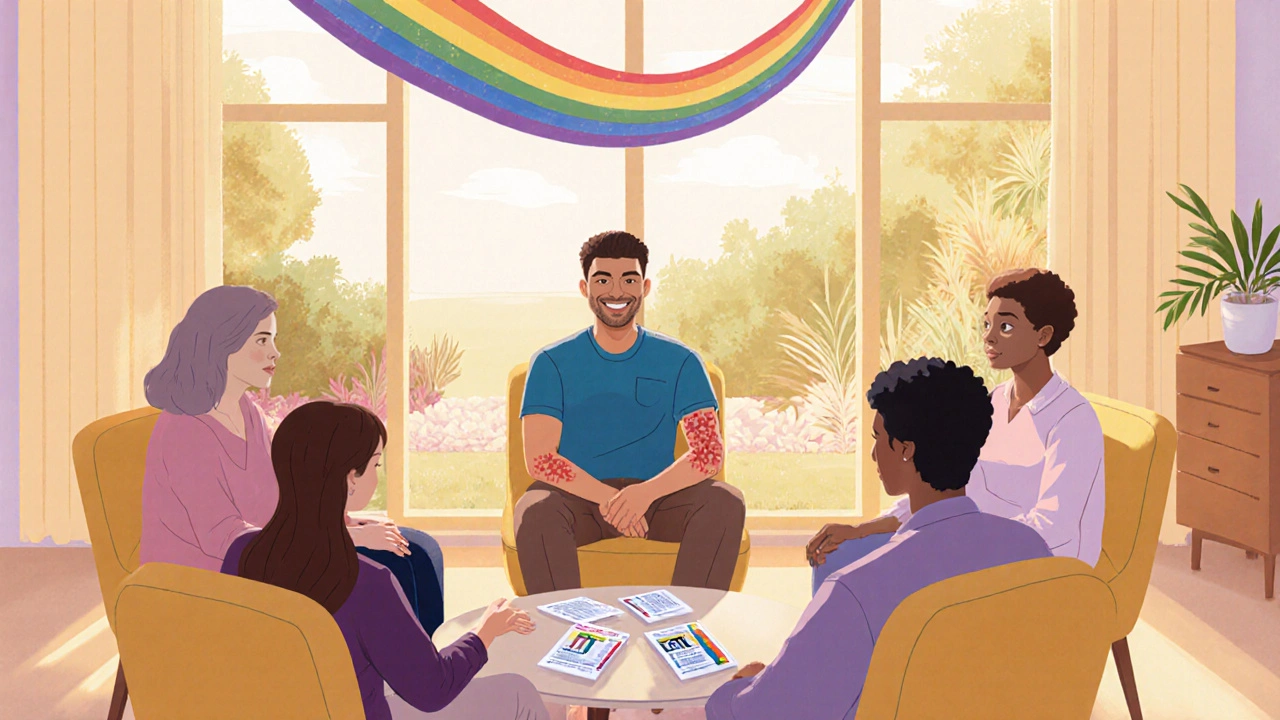 Support group of diverse LGBTQ+ people in a sunny room, one member showing KS skin lesions.