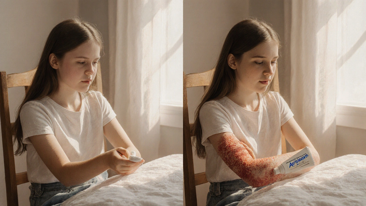 Teen girl applying Aristocort cream; before‑after view of elbow rash improvement.