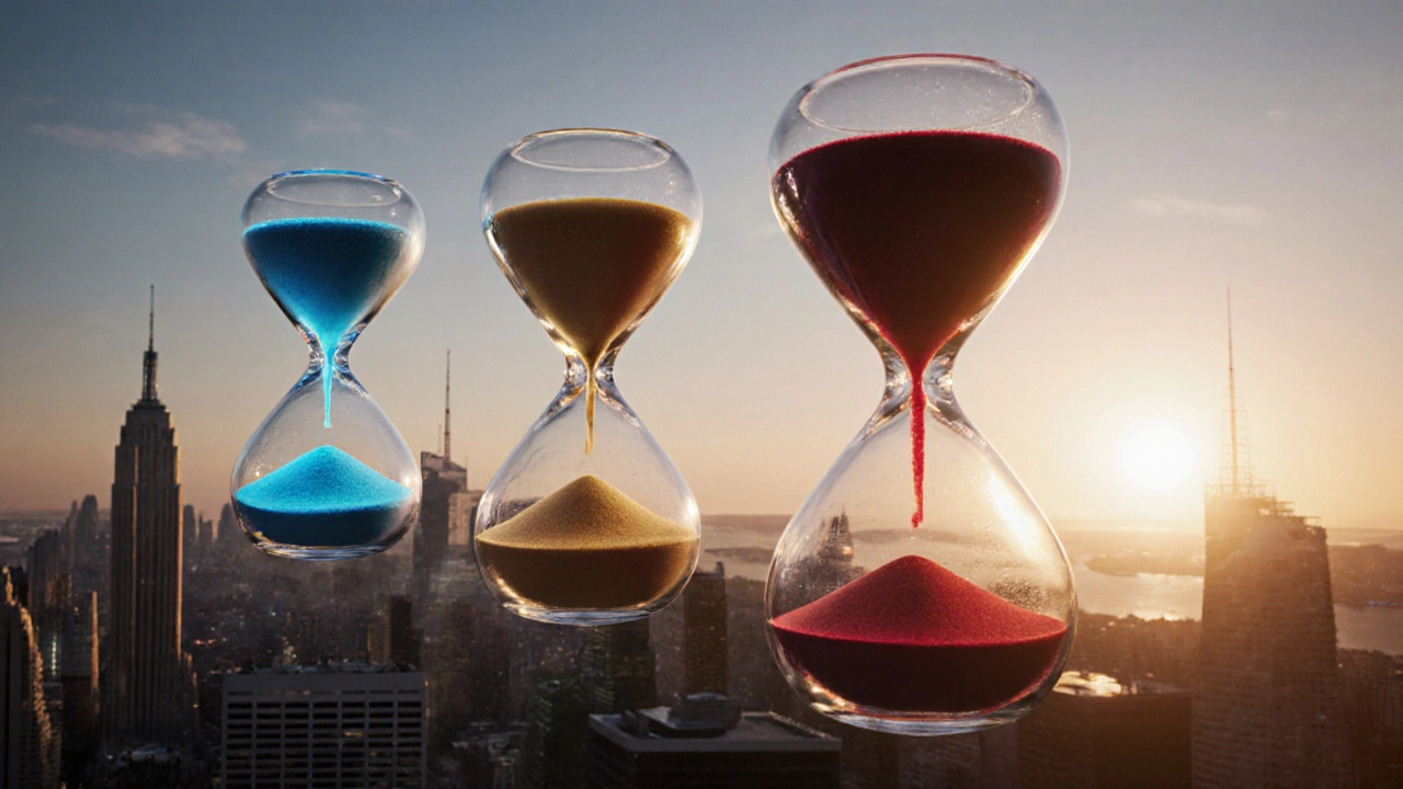 Three glowing hourglasses over a city skyline showing different medication durations.