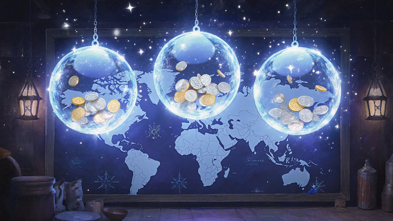 Three glowing orbs surrounded by coins float above a magical map, representing regional price differences.