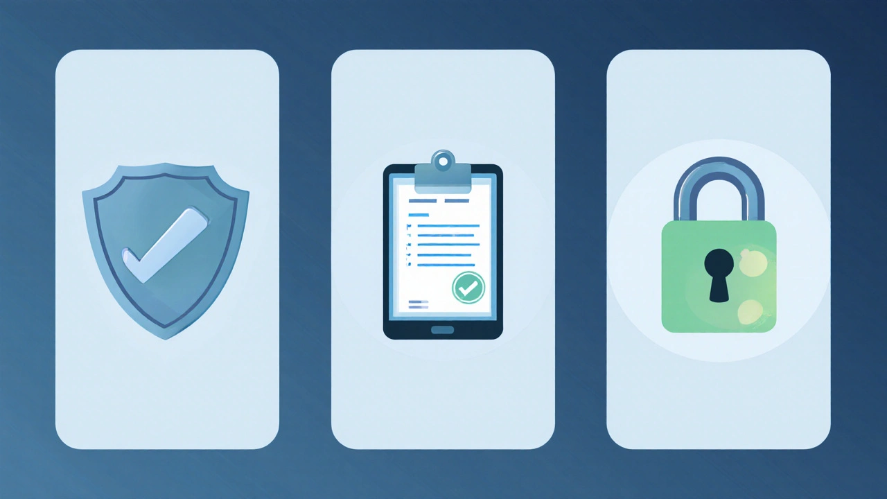 Three-panel illustration showing shield, prescription upload, and padlock icons.