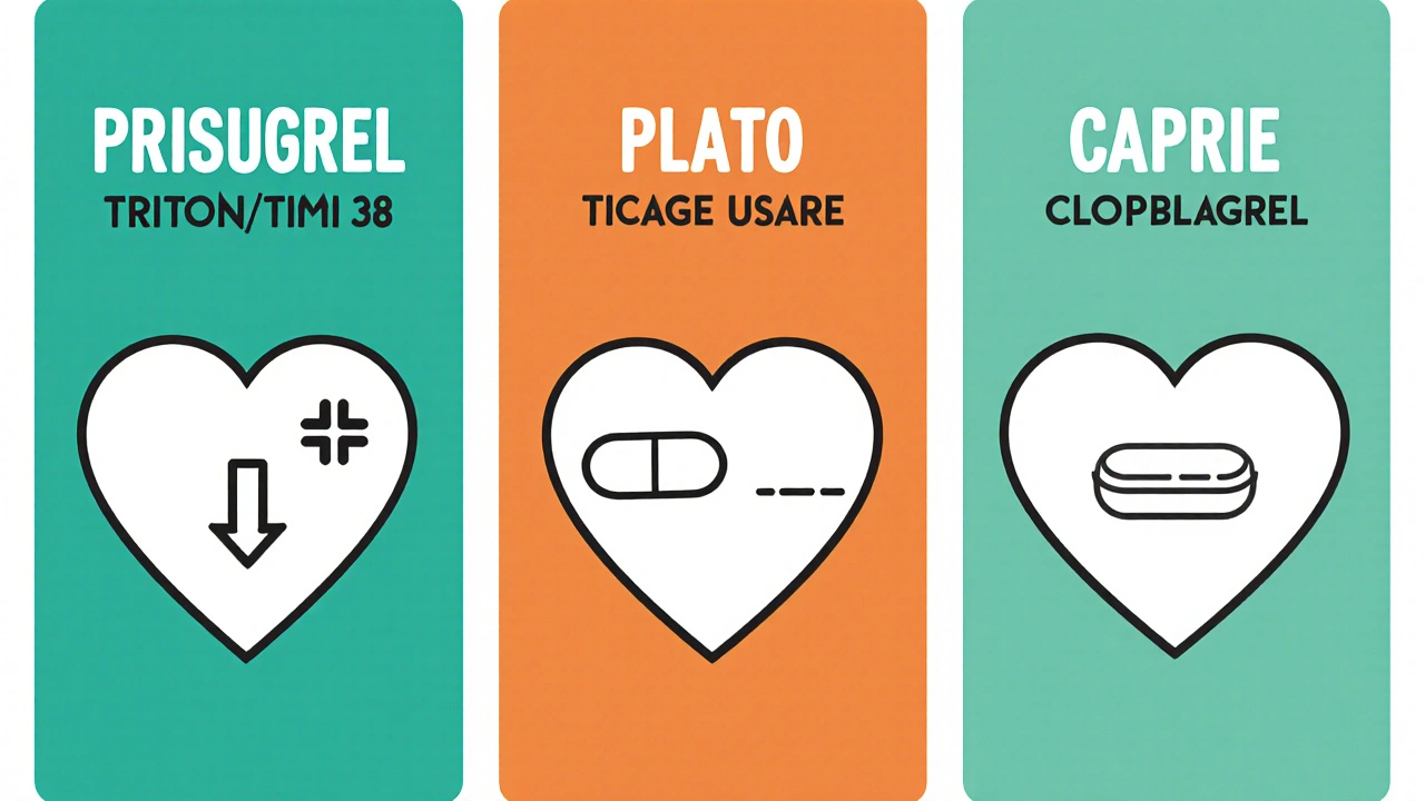 Three panels illustrating clinical trial comparisons of Prasugrel, Clopidogrel, Ticagrelor, and Aspirin with heart icons.