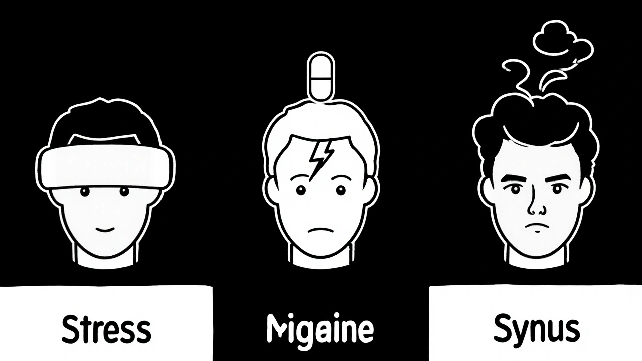 Three types of headaches visually compared with icons and a central ibuprofen pill.