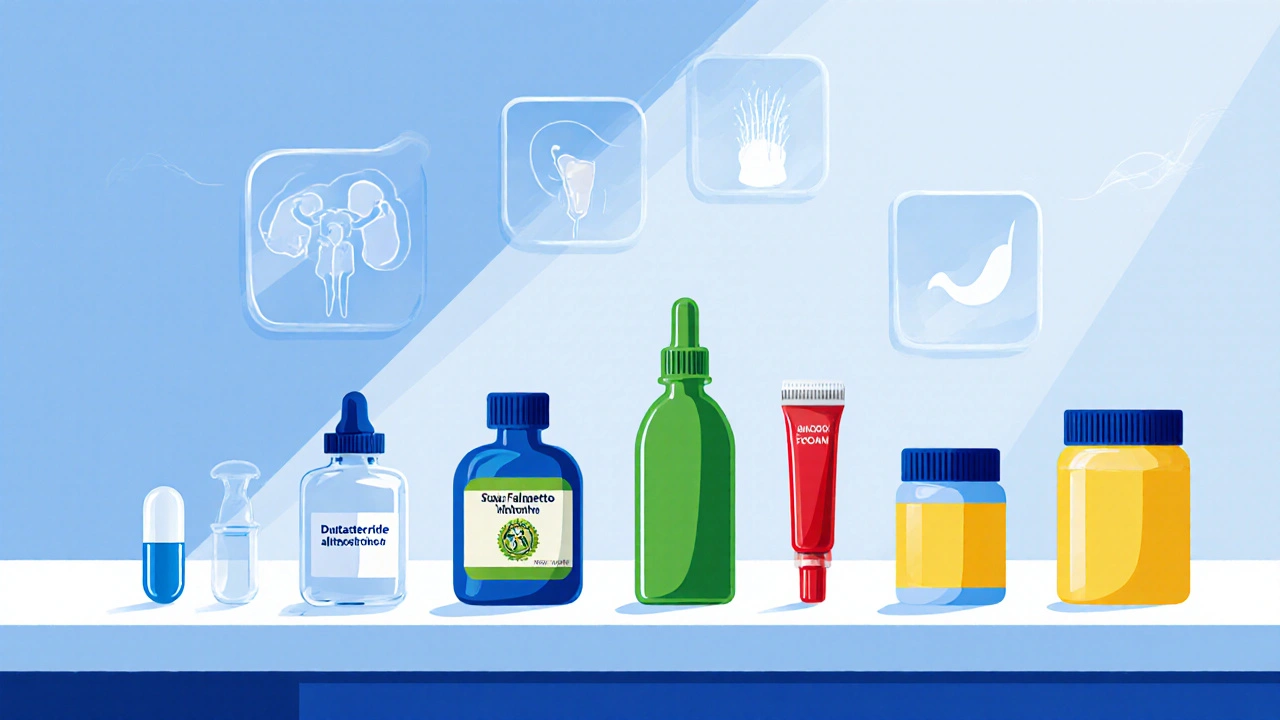 Variety of medication bottles and supplement jars displayed together on a pharmacy counter.