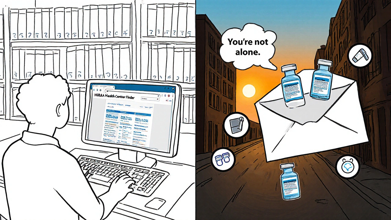 A person researches free clinic options at a library, then receives mailed insulin from Americares, with medical icons surrounding them.