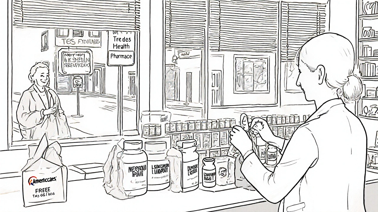 A pharmacist fills free medications like metformin and sertraline in a small clinic pharmacy, with an Americares donation box on the counter.