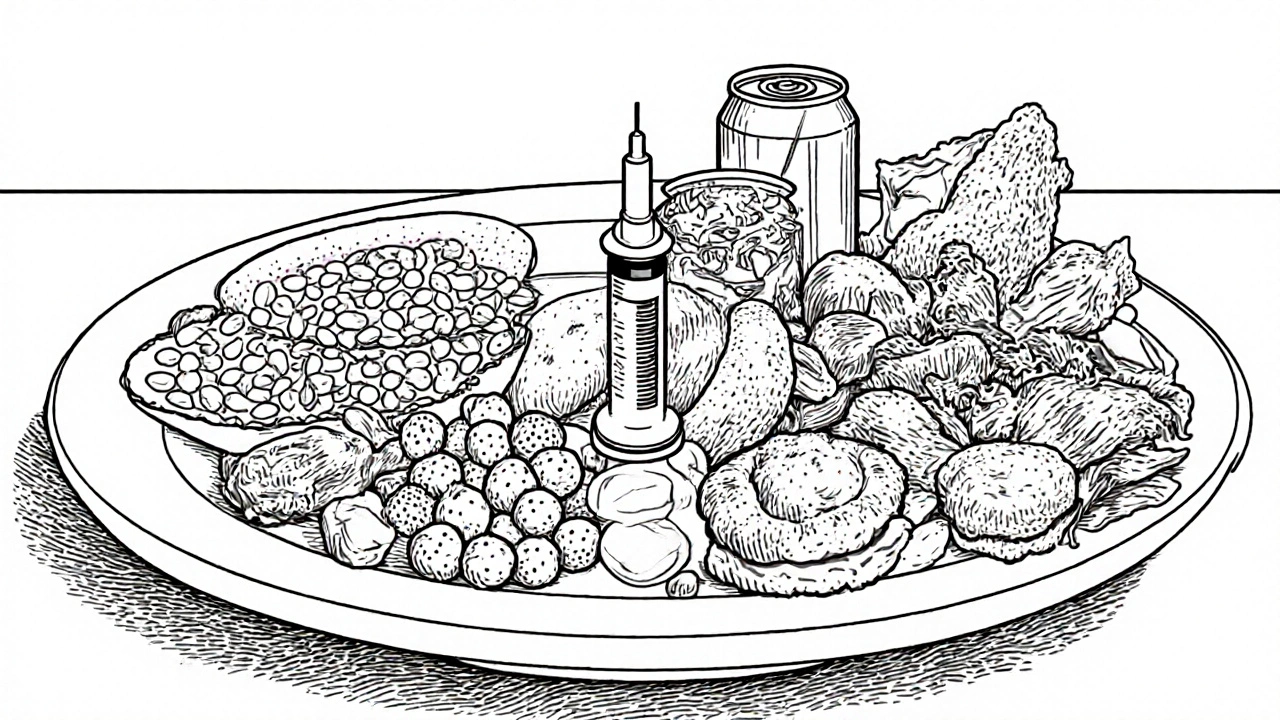 Balanced healthy meal vs. sugary junk food, with diabetes meds as referee in clean black line illustration.