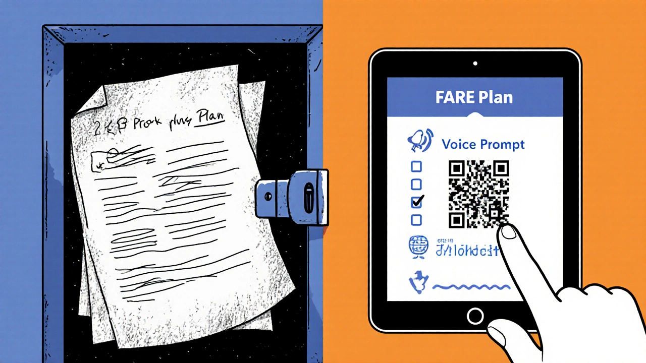 Contrast between outdated allergy plan in locked cabinet and modern digital plan with QR code on tablet.