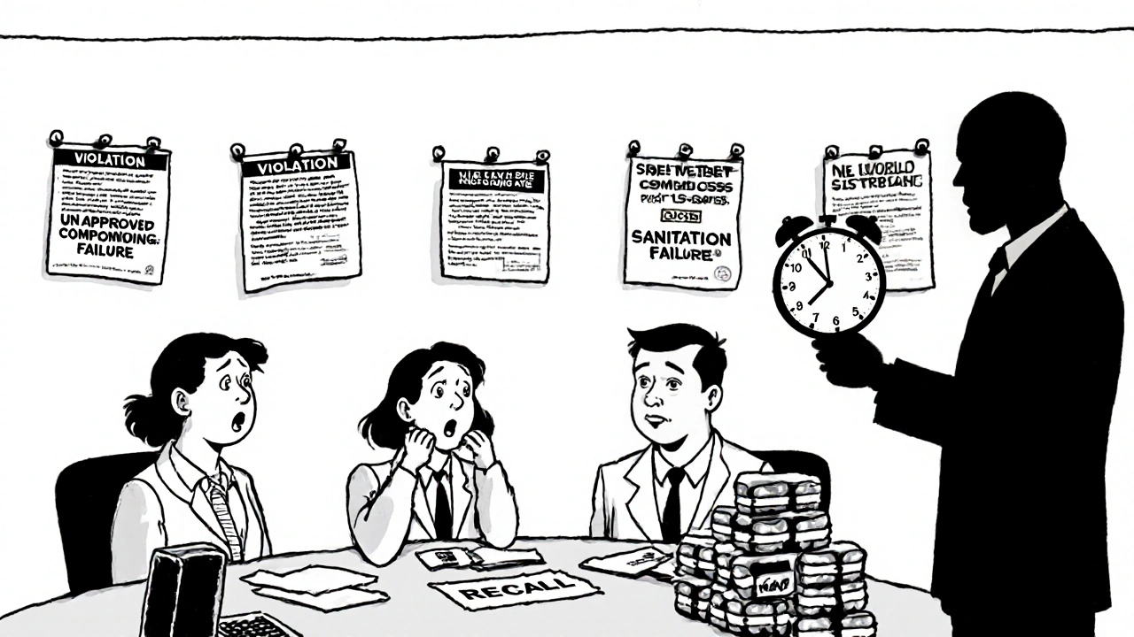 Corporate team overwhelmed by warning letters for regulatory violations in a boardroom.