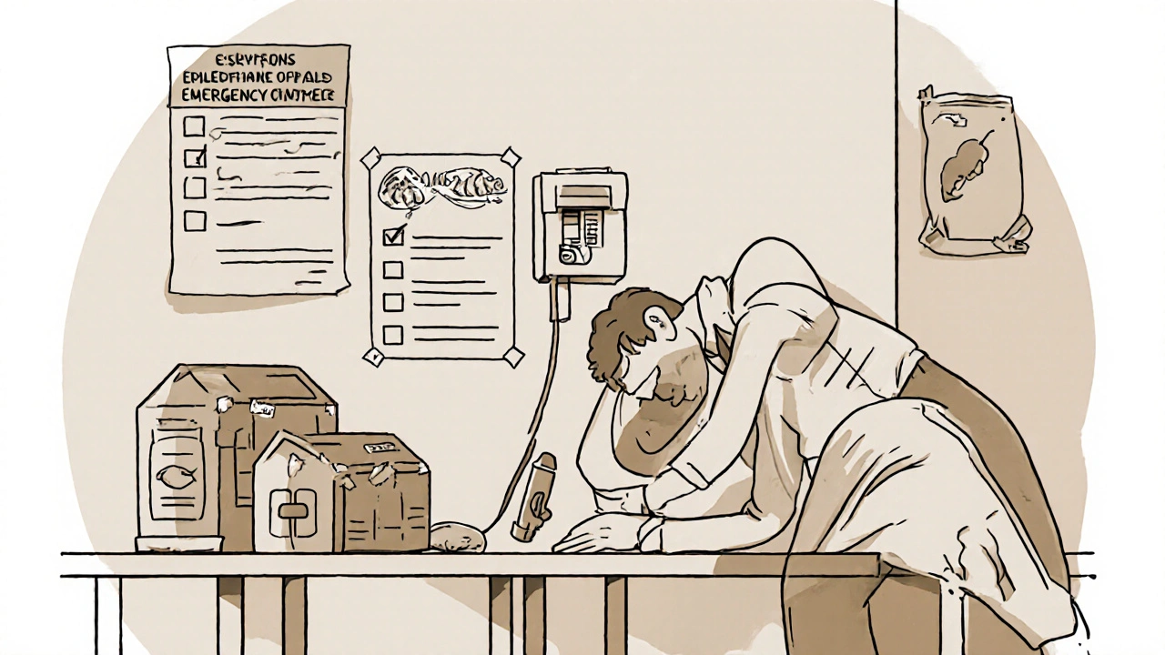 Coworker administering epinephrine to a collapsed worker in a warehouse, with allergen checklist nearby.